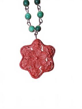 Vintage Floral Carved Pendant Necklace with Turquoise Beads
